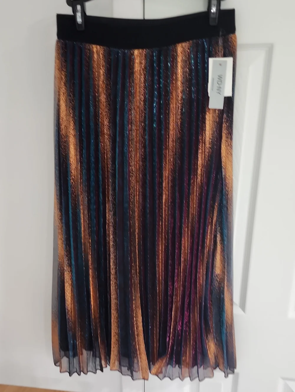 WD.NY Metallic Pleated Midi Skirt in Copper, Teal & Purple